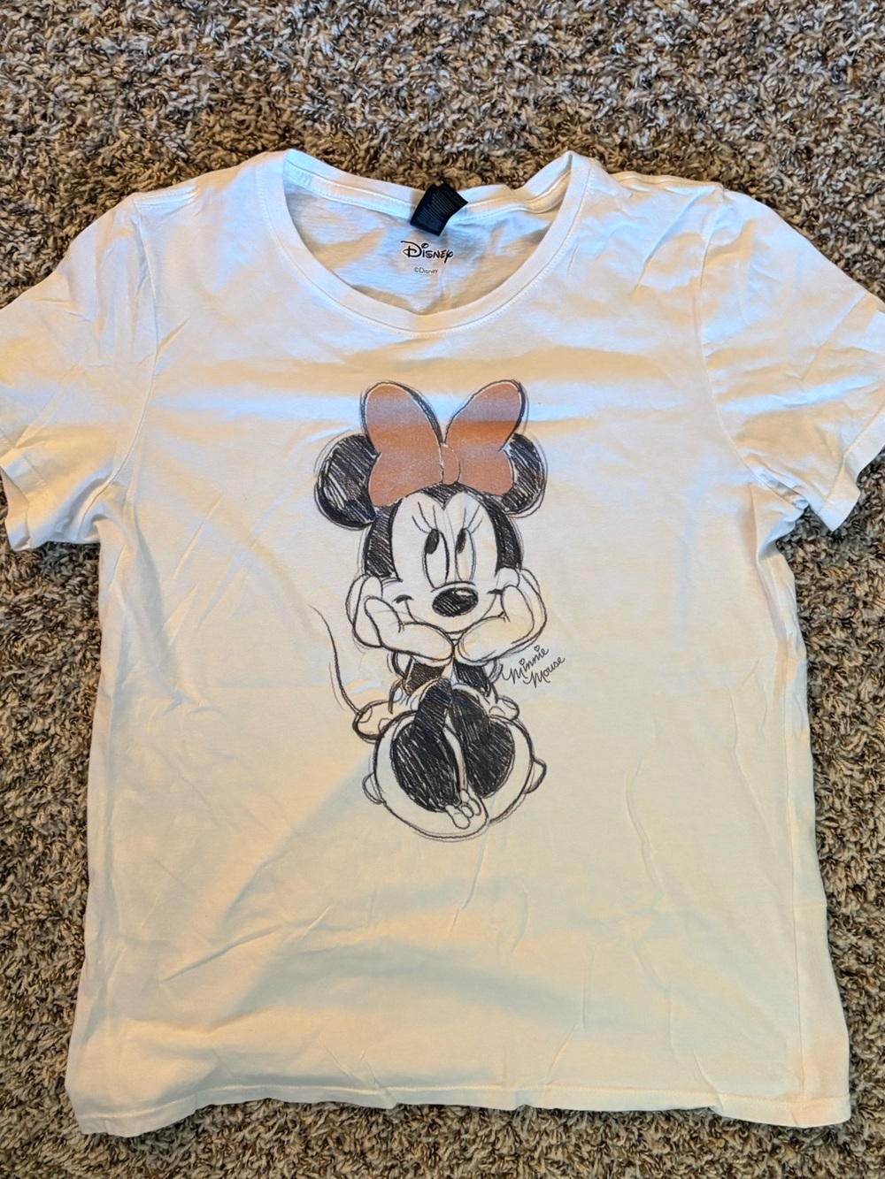 Disney White Tee with Minnie Sketch and Coral Bow
